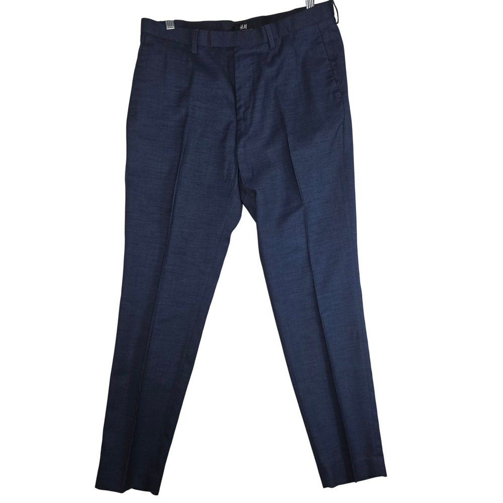 H&M Skinny Fit Dress Pants Navy Blue Wool Blend Textured 34R Trousers, Office